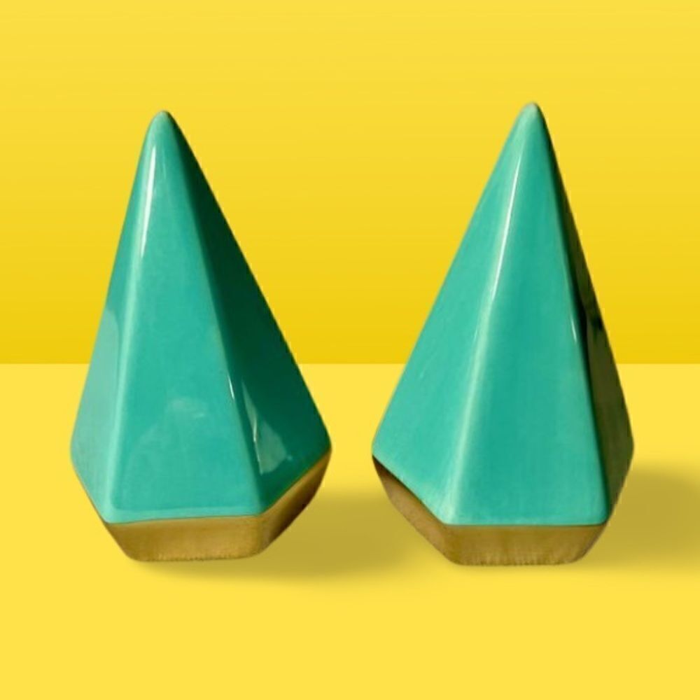 Aqua MCM Style Art Decor Ceramic Cone With Gold Accent.